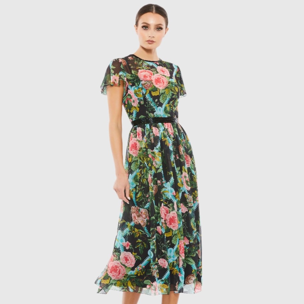 Mac Duggal Floral Print Midi Dress